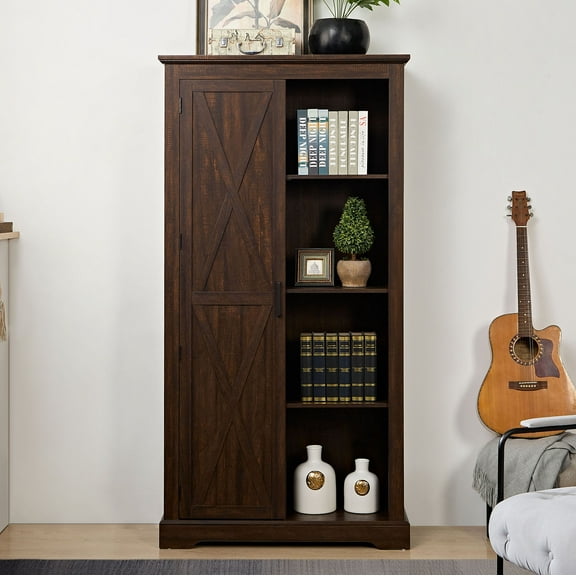 Tall Storage Cabinet Barn Door Storage Country Wood Rustic Farmhouse Pantry Cupboard Sliding Door Kitchen Organizer Furniture Home Drawer Shelves L39.37''*W15.75''*H74.4'' Espresso