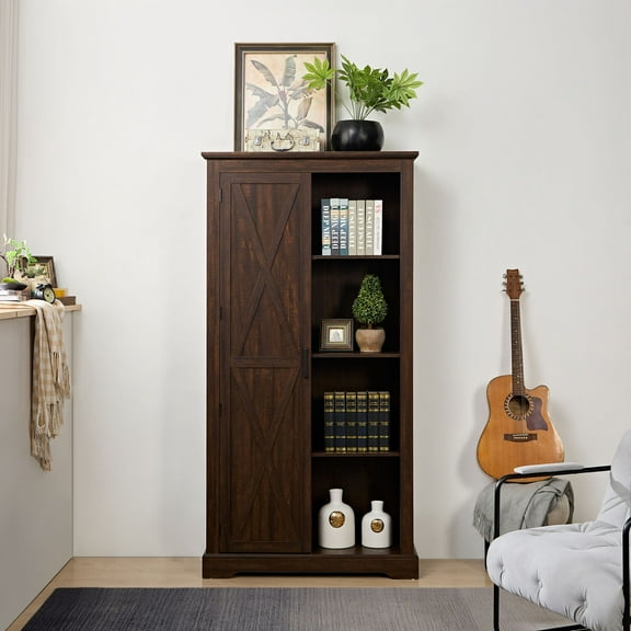 Tall Storage Cabinet Barn Door Storage Country Wood Rustic Farmhouse Pantry Cupboard Sliding Door Kitchen Organizer Furniture Home Drawer Shelves L39.37''*W15.75''*H74.4'' Espresso