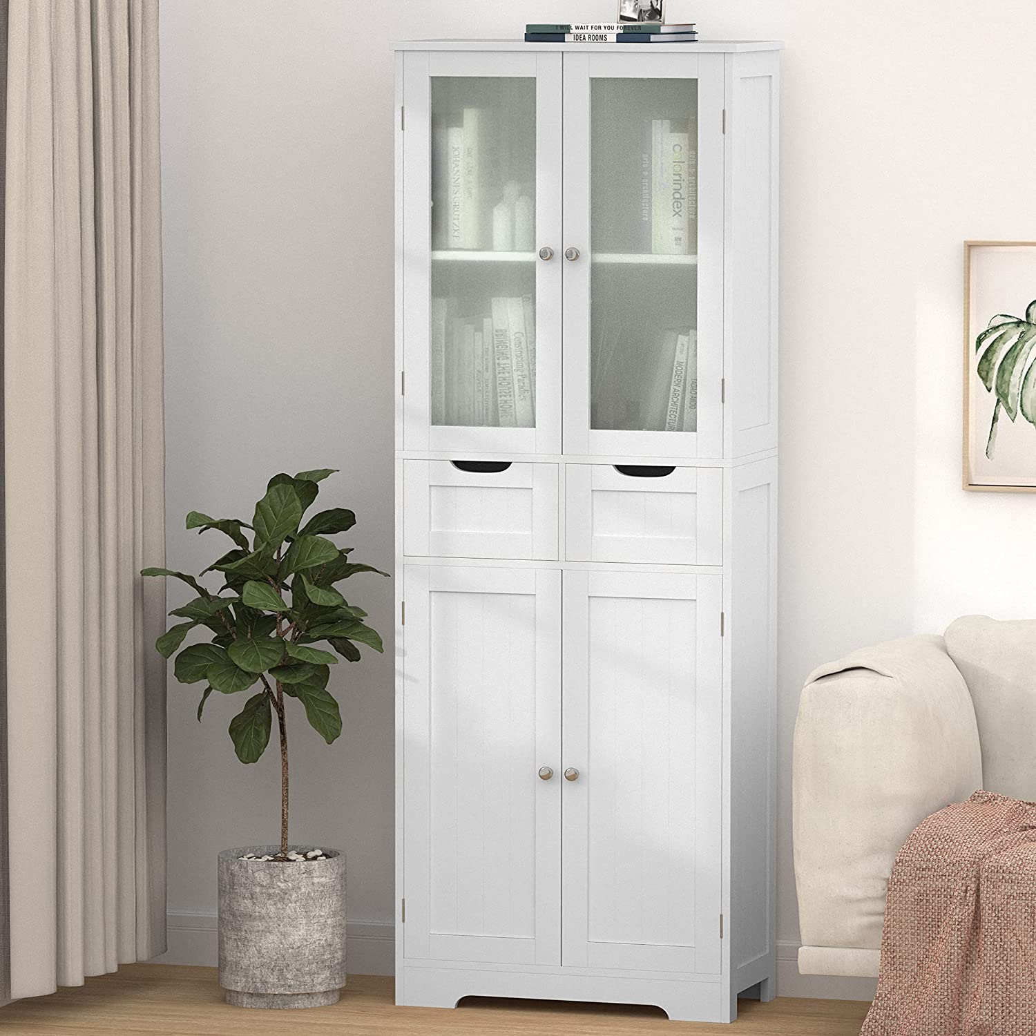 Tall Storage Freestanding Kitchen Pantry with Glass
