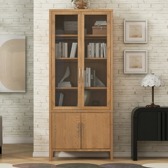 Tall Storage Cabinet with Glass Doors, Freestanding Display Cabinet With Adjustable Shelves, Modern Bookshelf Display Curio Cabinet For Study Home Office