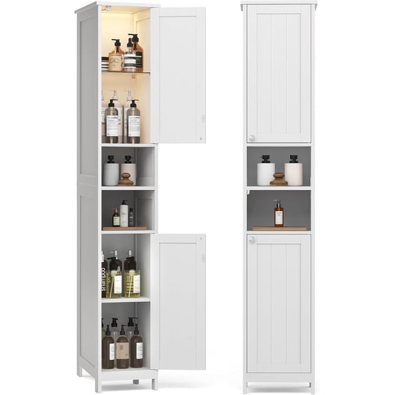 Tall Storage Cabinet with Lights, Slim Freestanding Cabinet with Adjustable Shelves, for Small Spaces, Bathroom, Living Room, Modern, 11.8 Inches Wide, Cloud White UBBC566W02V1