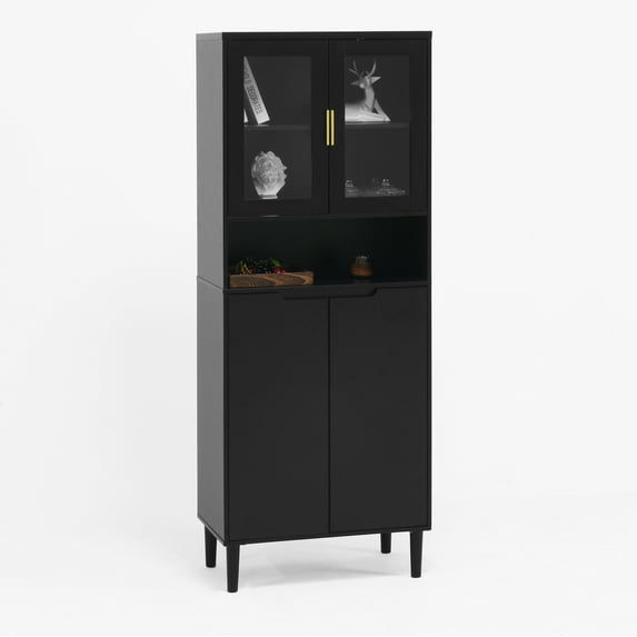 Tall Storage Cabinet, Storage Cabinet with 2 Glass Display Door & 2 Doors, Pantry Storage Cabinet for Bathroom, Dining Living Room, Black