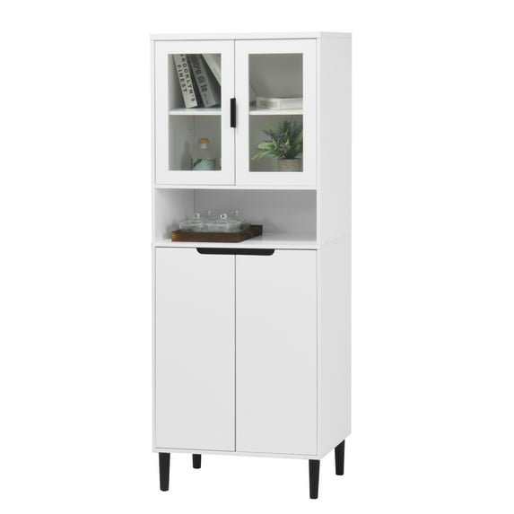 Tall Storage Cabinet, Storage Cabinet with 2 Glass Display Door & 2 Doors, Pantry Storage Cabinet for Bathroom, Dining Living Room, White