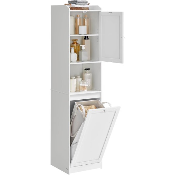 Tall Storage Cabinet, Storage Unit with Removable Laundry Basket, Compartment and Cabinet, for Bathroom, Living Room, 15.8 x 15.8 x 66.9 Inches, Cloud White UBBC761W01