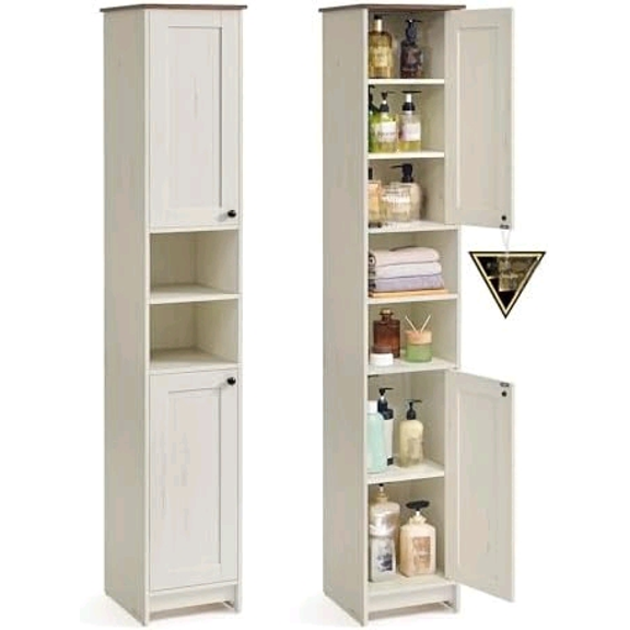 Tall Storage Cabinet, Superfast Toolless Assembly, Slim Narrow Standing Cabinet with Adjustable Shelves, Open Compartments, for Bathroom Living Room, Rustic White UBBC667WJ02S