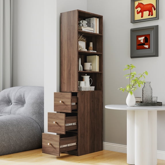 Tall Storage Cabinet w/4-Tier Open Shelf & 3 Side Drawers, Modern Narrow Bookcase Display Cabinet