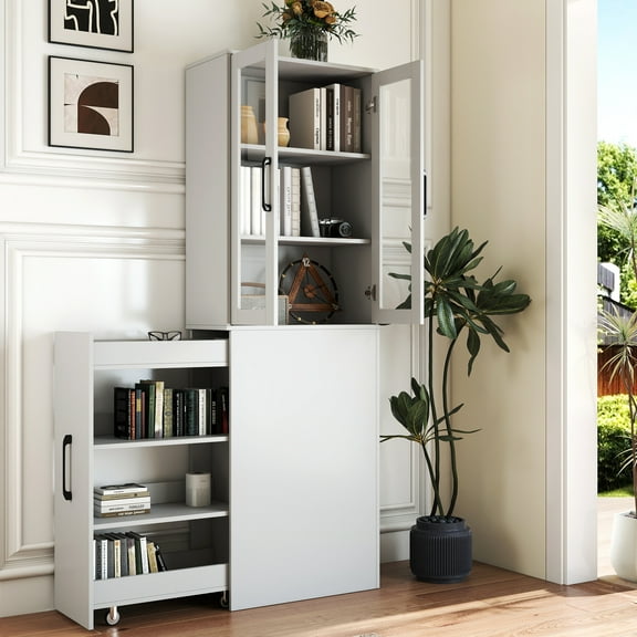 Tall Storage Cabinet with 4-Tier Rolling Cart, Modern Kitchen Pantry with 2 Glass Doors & Shelves