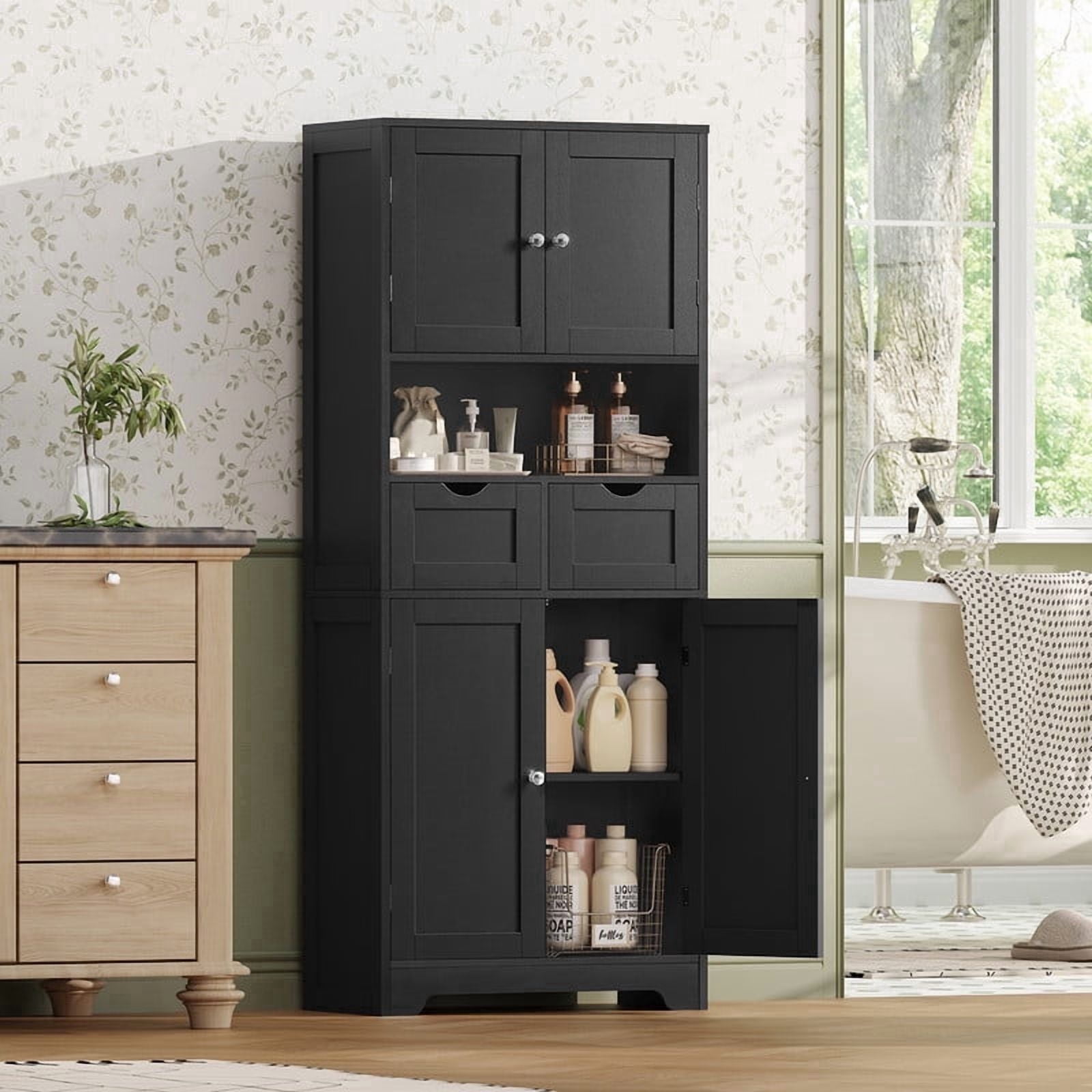 57.8" H Tall Storage Cabinet with Adjustable Shelf, Bathroom Cabinet with 2 Drawers, Linen Cabinet for Living Room, Black