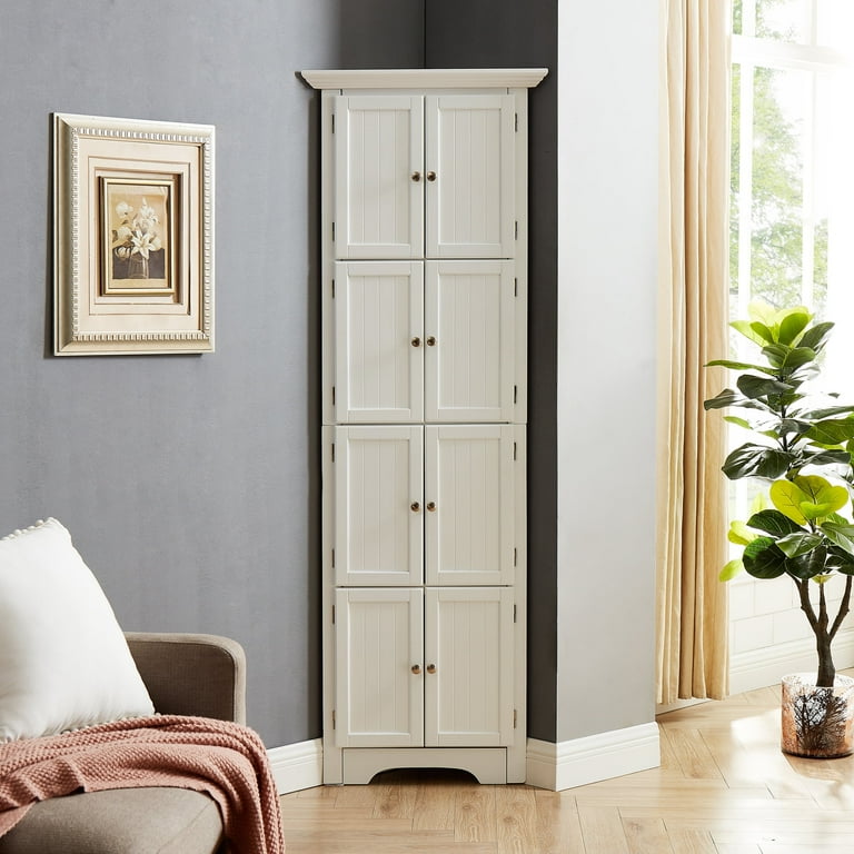 Tall Storage Cabinet with Doors and 4 Shelves for Living Room Kitchen Office Bedroom Bathroom Modern White