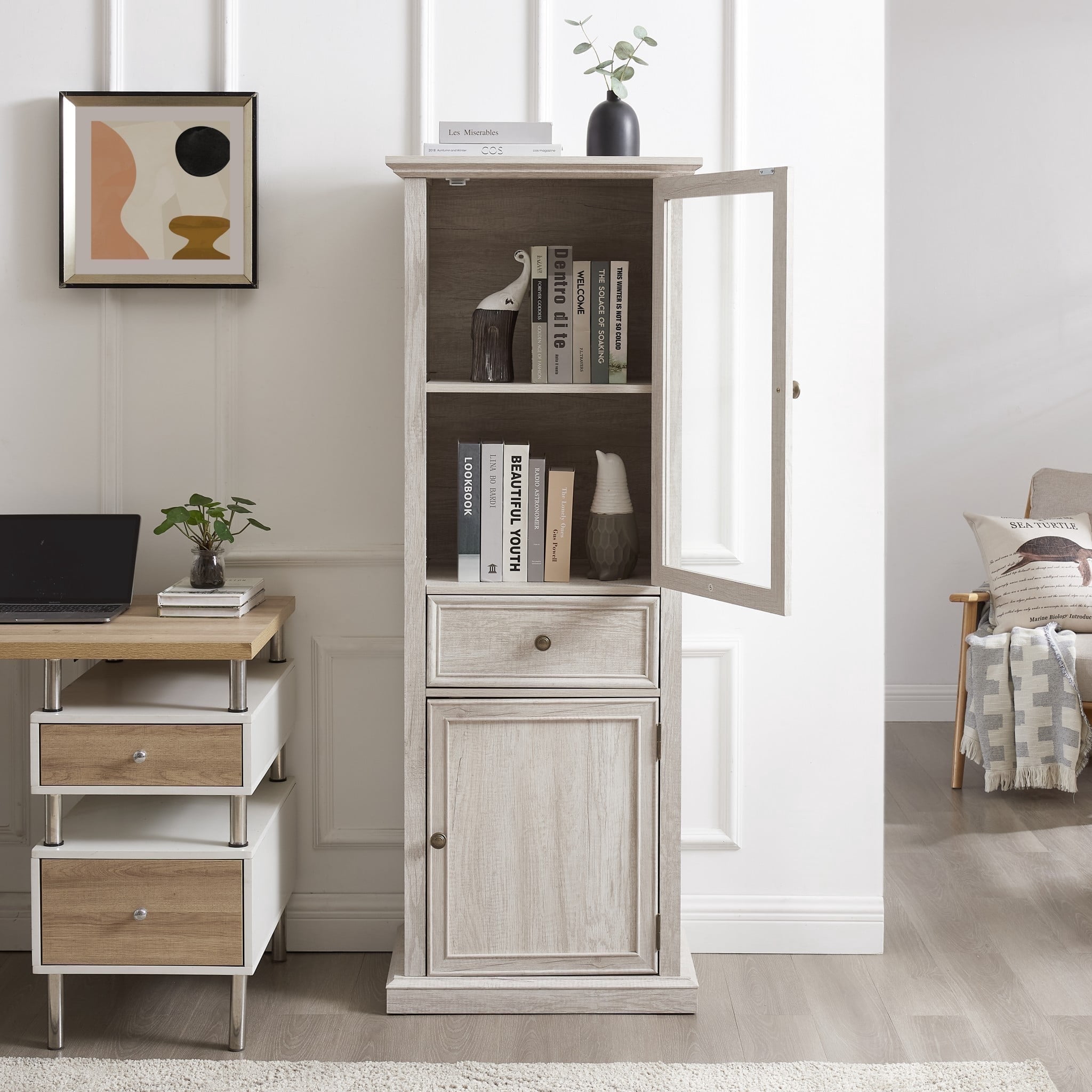 Tall Storage Cabinet with Glass Door and Shelves, Freestanding Storage ...