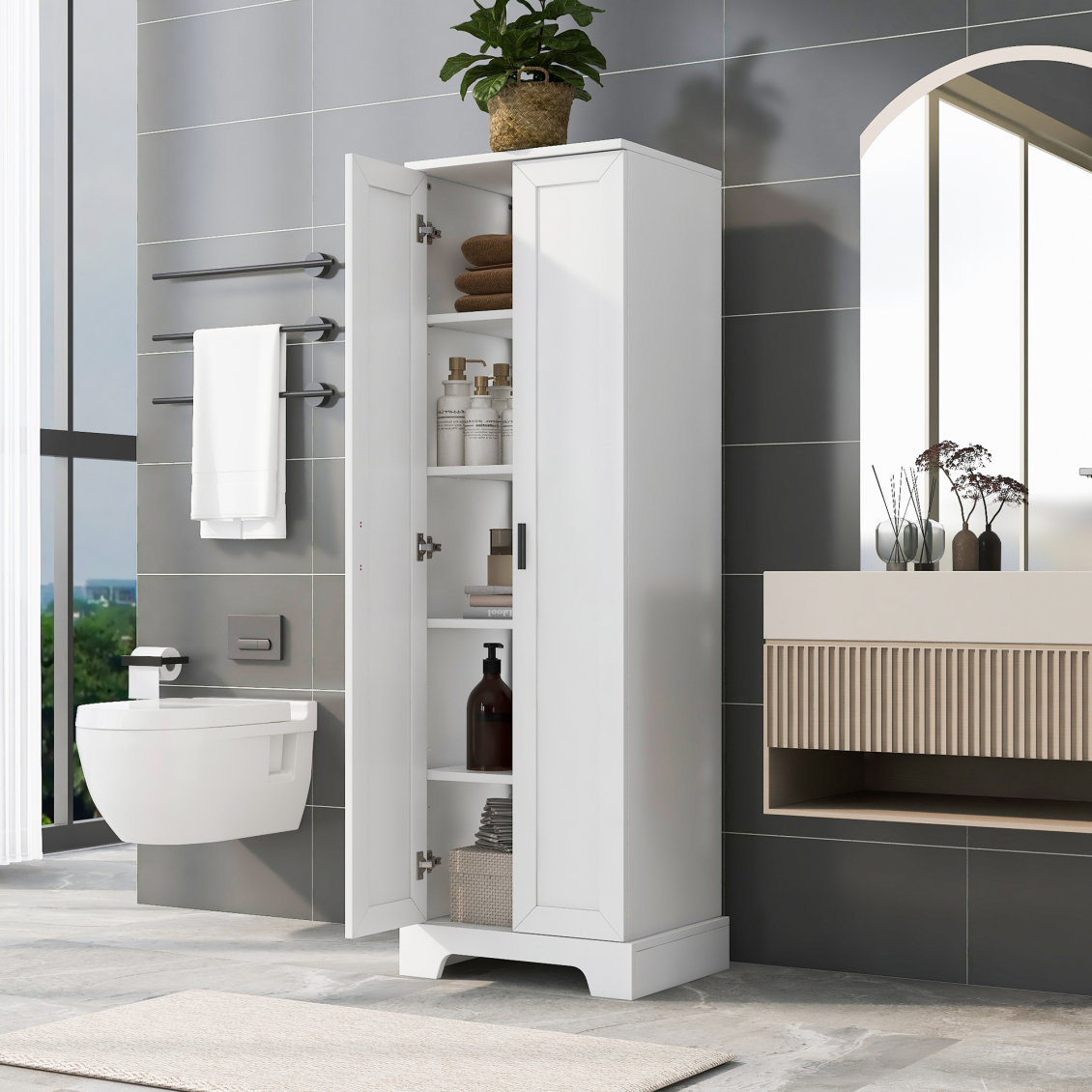 Tall Storage Cabinet with Two Doors, Bathroom Cabinet with Adjustable ...