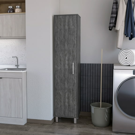 Tall Storage Unit With Oak Finish, Single Door, 3 Broom Hangers, Plentiful Interior Space, Contemporary Cabinet For Storing Personal Belongings, Oak, Generous