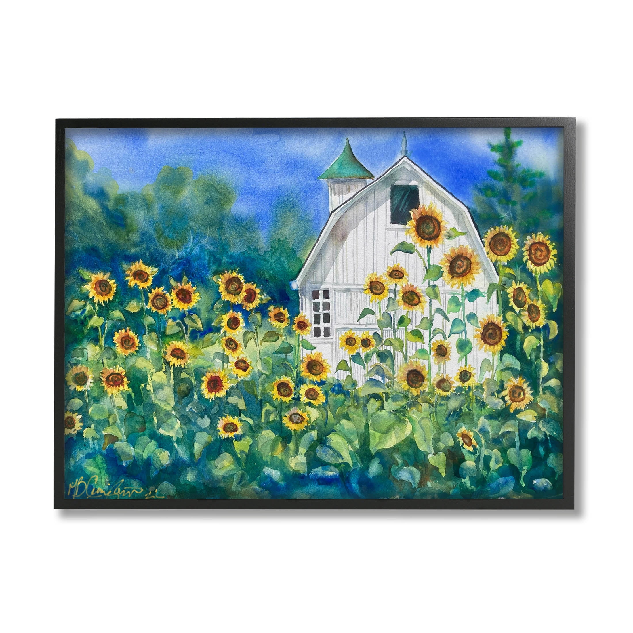 Tall Sunflowers Country Barn Landscape Painting Black Framed Art Print Wall Art