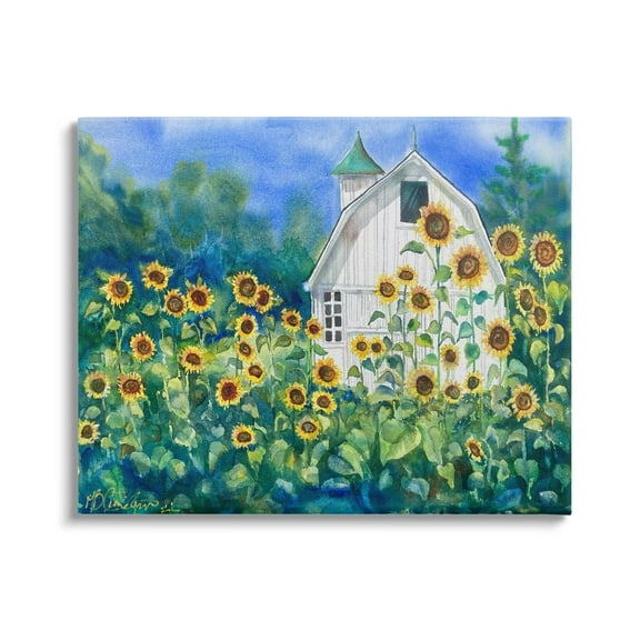 Tall Sunflowers Country Barn Landscape Painting Gallery Wrapped Canvas Print Wall Art