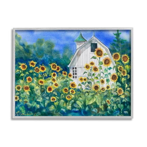 Tall Sunflowers Country Barn Landscape Painting Gray Framed Art Print Wall Art