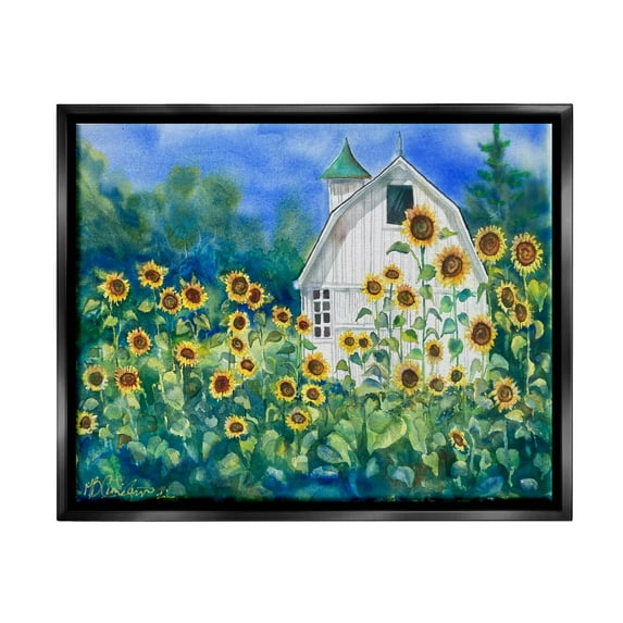 Tall Sunflowers Country Barn Landscape Painting Jet Black Framed Art Print Wall Art