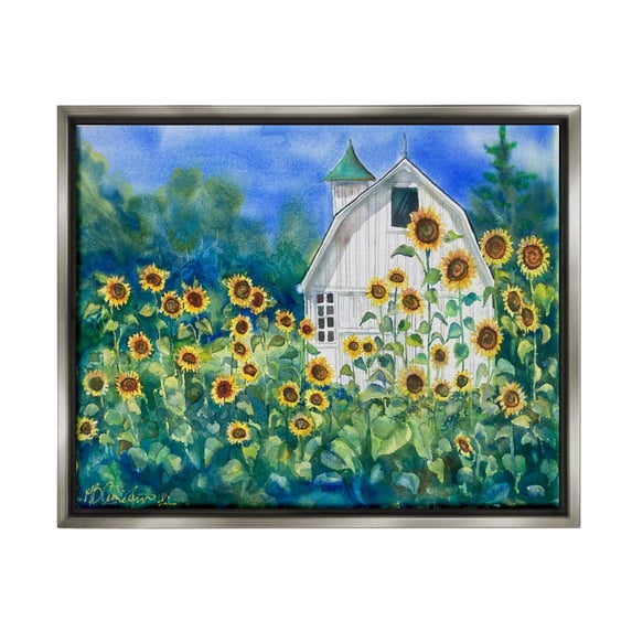 Tall Sunflowers Country Barn Landscape Painting Luster Gray Framed Art Print Wall Art