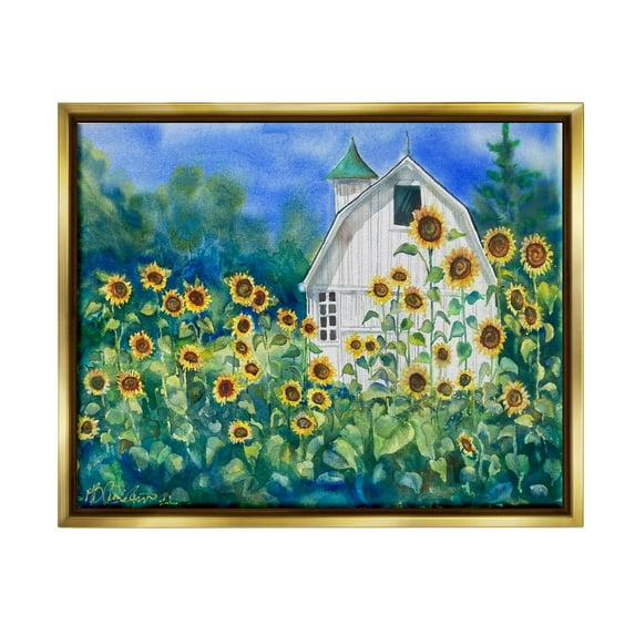 Tall Sunflowers Country Barn Landscape Painting Metallic Gold Framed Art Print Wall Art