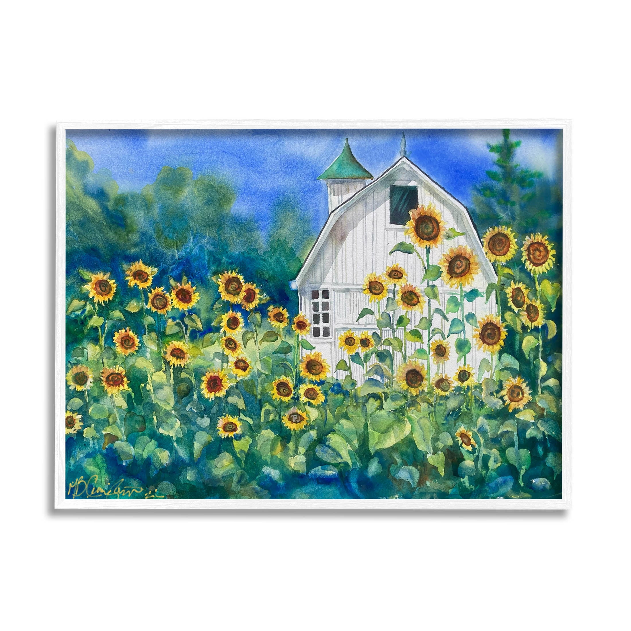 Tall Sunflowers Country Barn Landscape Painting White Framed Art Print Wall Art