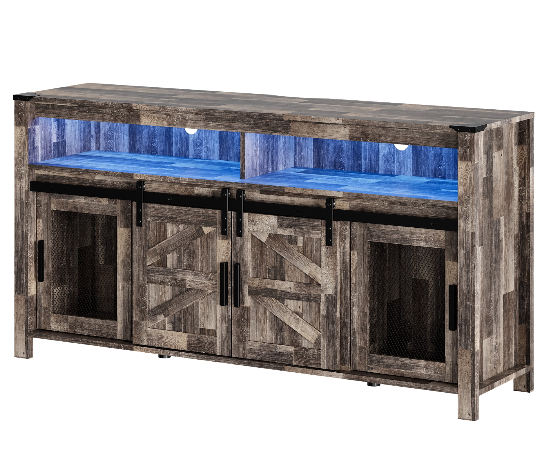 Tall TV Stand with Blue LED Lights Strips for 65 inch TVs, Farmhouse Media Console Table with Mesh and Barn Doors for Bedroom, Living Room, Dark Rustic Oak, 59x15.4x31