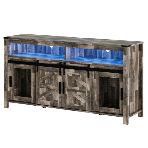 Tall TV Stand with Blue LED Lights Strips for 65 inch TVs, Farmhouse Media Console Table with Mesh and Barn Doors for Bedroom, Living Room, Dark Rustic Oak, 59x15.4x31