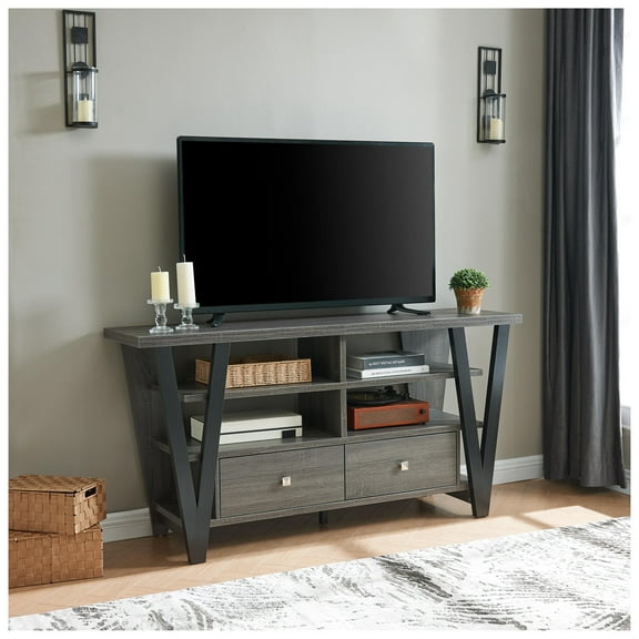 Tall TV Stand cabinet with two drawers on metal glides metal square knob handles and two divided shelf tiers