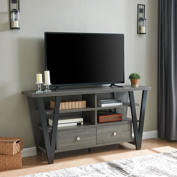 Tall TV Stand with V - shape Design Legs and Shelves / Create a Spacious Media Area