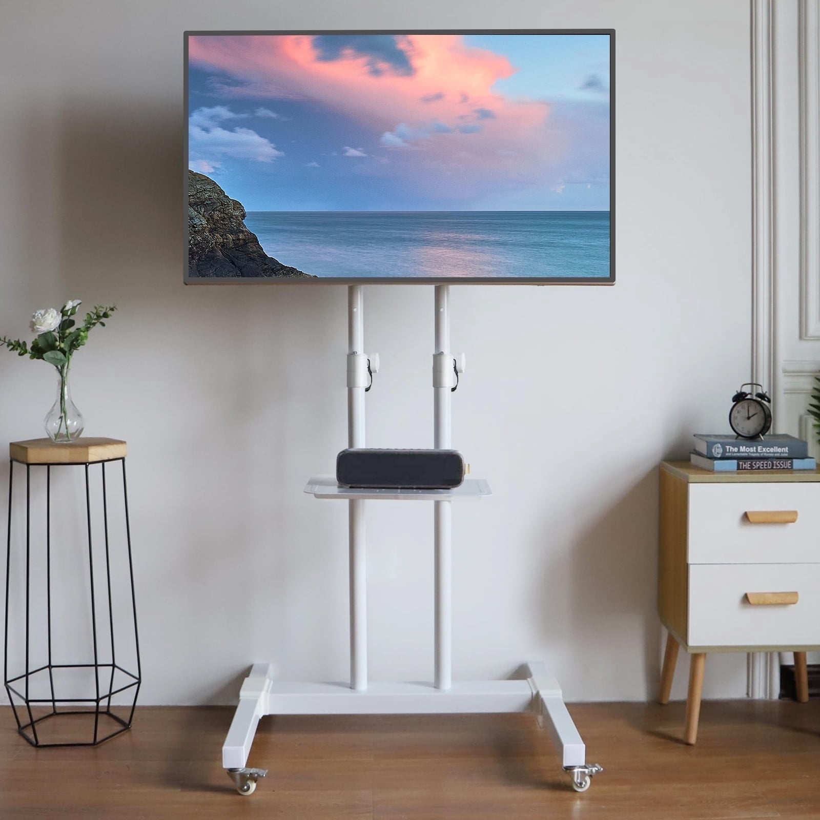 RTVR Tall TV Stand with Wheels for 32 to 85 inch Flat Panel TVs Tilt Floor Trolley Stand Cart, Morden White Shelf