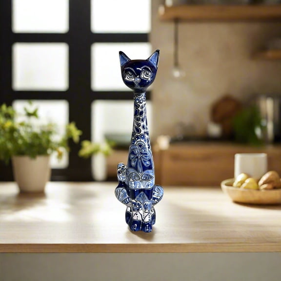 Tall Talavera Cat Statue | Handmade Blue & White Ceramic Figurine