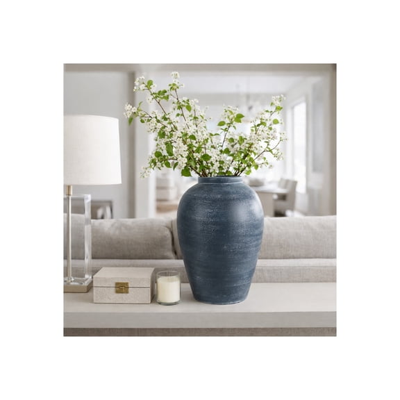 Tall Terracotta Vase for Living Room Decor - Decorative Home Decor Accent for Bedroom, Office, or Table Centerpiece - Rustic Modern Flower Vase for House, Shelf, or Kitchen Display - 16", Blue