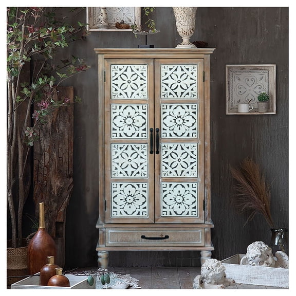 Tall Tower Storage Cabinet, 55'' Rustic Wood Sideboard, Pantry Buffet w/ Drawer & Doors, Home Decor Organizer