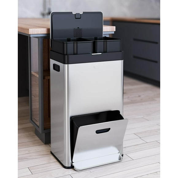 Tall Trash Can with Lid - 56L Dual Tiers 14.8 Gal Stainless Steel Vertical Trash Can with Recycle Combo for Office Indoor