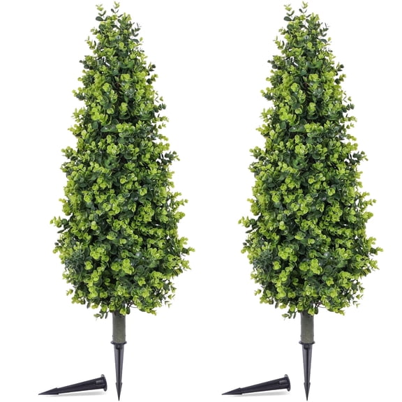 THE BRIVE 3ft Green Money Grass Cone Topiary Trees,Set of 2 UV Resistant Artificial Eucalyptus with Ground Spike, Realistic Shrubs for Outdoor Front Porch Patio Garden Decor