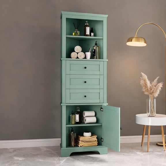 Tall Triangle Corner Storage Cabinet Rich Green MDF with 3 Drawers and Adjustable Shelves