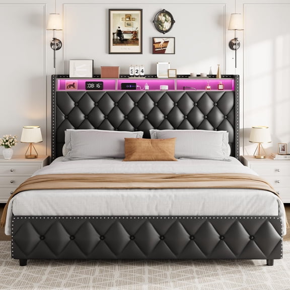 Tall Upholstered Platform Bed Frame – 50.8'' Headboard, 4 Storage Drawers, LED Lights, USB Charging, Noise-Free Wood Slats, Modern, No Box Spring, Easy Assembly – Light Gray, King