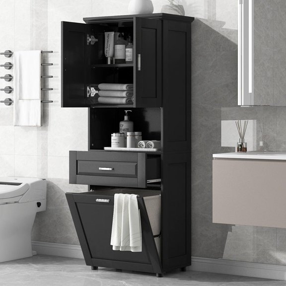 Tall Utility Cabinet with Laundry Basket Ample Storage Space Smooth Finish & Water-Proof Design Easy Assembly Modern Laundry Solution
