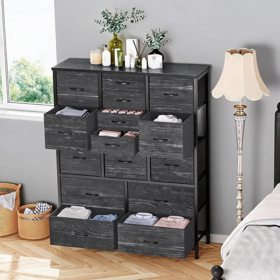 Tall Vertical 15 Drawer Engineered Wood Top Fabric Storage Dresser With Multi-Size Drawer Compartments
