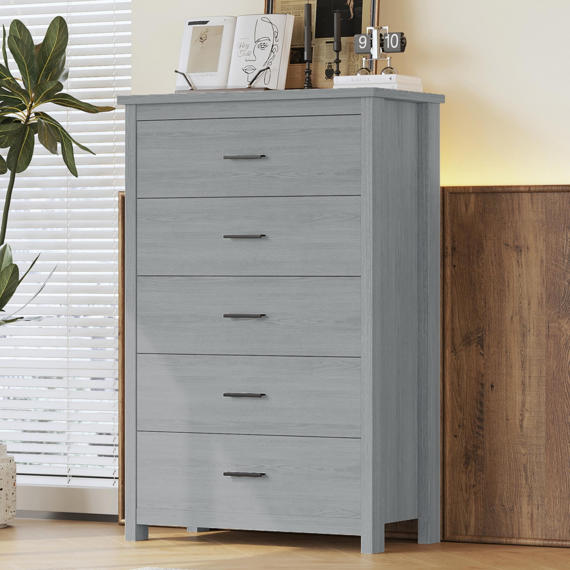 Tall Vertical Dressers for Bedroom with 5 Drawers, Modern Wooden Chest ...
