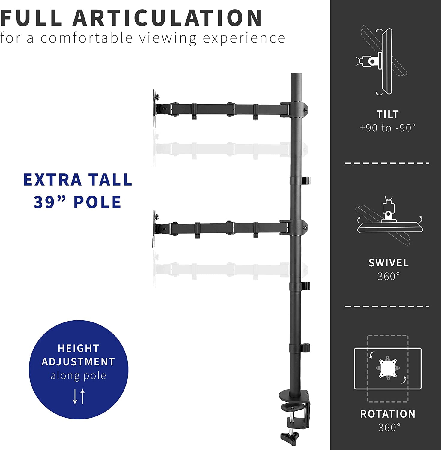 Tall Vertically Stacked Dual Monitor Desk Mount Stand with 39 inch Stand- Pole, Fully Adjustable Extended Arms, Fits 2 Screens  to 27 inches, STAND-V012T