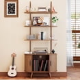 thumbnail image 1 of Tall Vinyl Record Player Stand, 4 Tier Arched Bookshelf with Sliding Doors, Retro Small Record Storage Cabinet, Fluted Media Display Shelf, Mid Century Modern Turntable Stand for Living Room, Walnut, 1 of 7