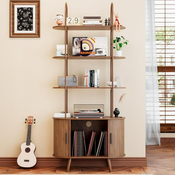 Tall Vinyl Record Player Stand, 4 Tier Arched Bookshelf with Sliding Doors, Retro Small Record Storage Cabinet, Fluted Media Display Shelf, Mid Century Modern Turntable Stand for Living Room, Walnut