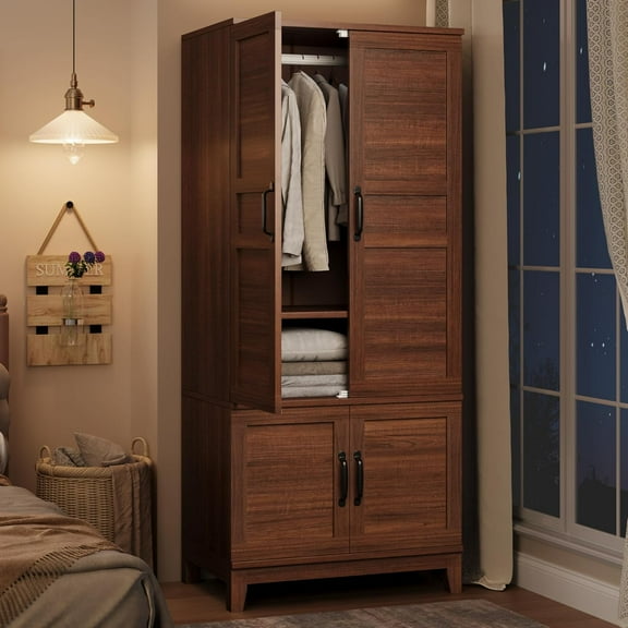 Tall Walnut Brown Wood Wardrobe Cabinet, 72 Inch Freestanding Closet Armoire with 4 Doors, 18 Adjustable Shelves and Hanging Rod for Bedroom Storage