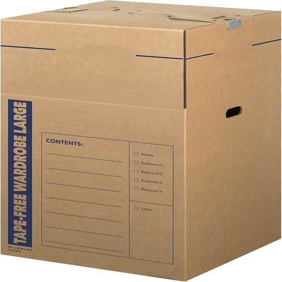 Tall Wardrobe Box 3 Pack, Tape-Free Design, 24-in x 24-in x 40-in