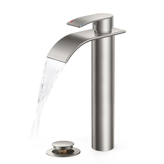 TVOFEK Tall Waterfall Bathroom Vessel Sink Faucet Single Handle, One Hole Brushed Nickel Bathroom Faucet with Metal Pop up Drain and cUPC Hoses, 11 inch Faucet for Basin Bath