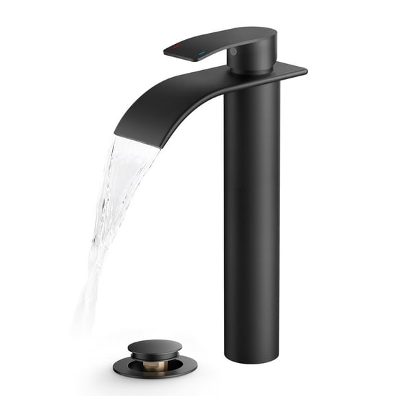TVOFEK Tall Waterfall Bathroom Vessel Sink Faucet Single Handle, One Hole Matte Black Bathroom Faucet with Metal Pop up Drain and cUPC Hoses, 11 inch Faucet for Basin Bath