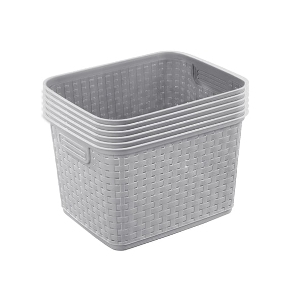 Tall Weave Basket, Rectangular Plastic Dcor Bin, Gray, 6 Pack