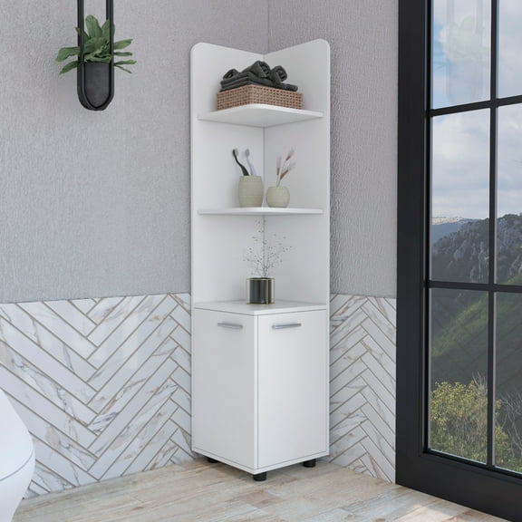 Tall White 62h" Corner Cabinet With 3 Shelf And 2-door For Valued Bathroom 63.99 In. Two-door