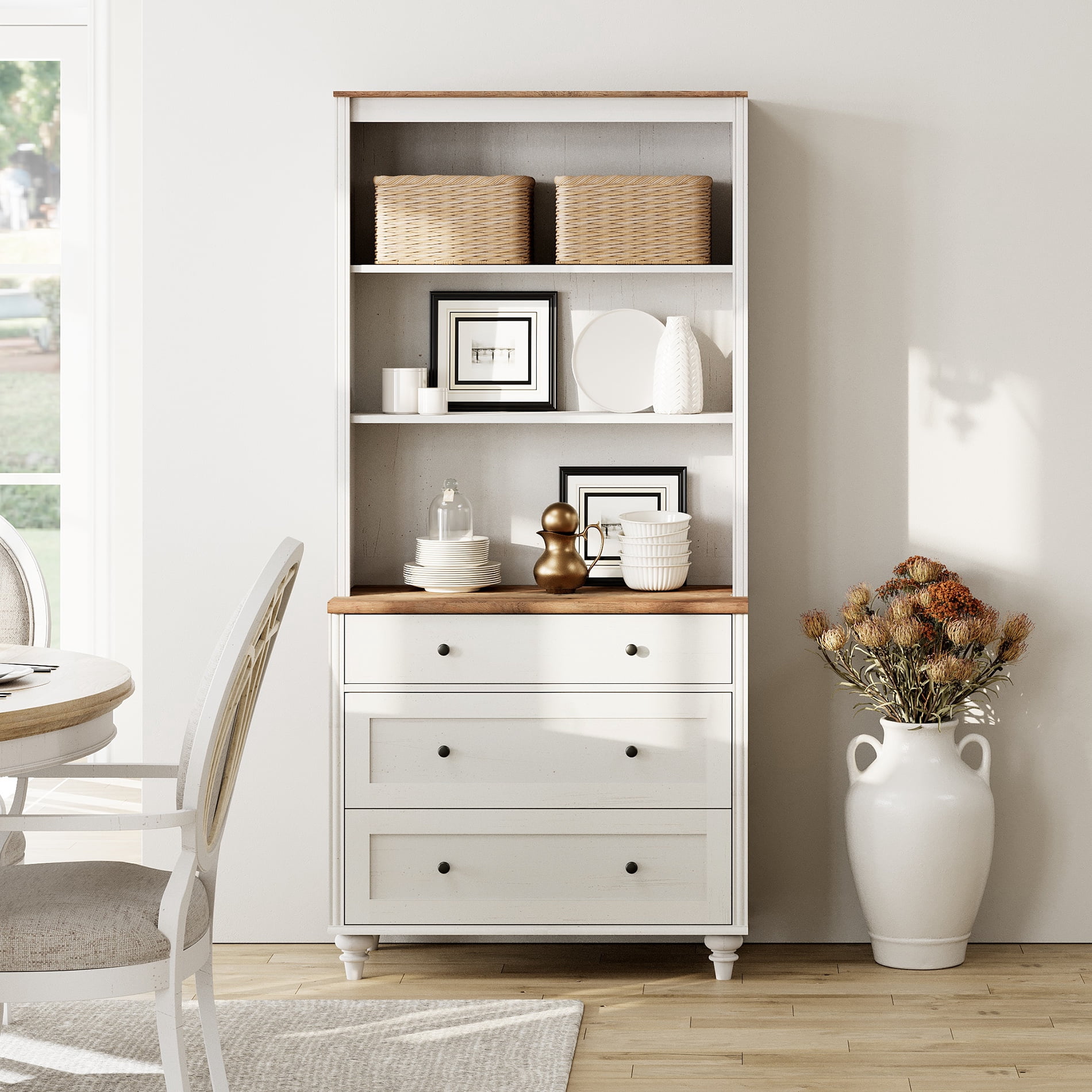 Tall White Bookcase with 3 Drawers, 3-Tier Open Book Shelf, Large Wooden Farmhouse Bookshelves Suitable for Living Room, Bedroom, Home Office, and Kitchen, 72 Inches