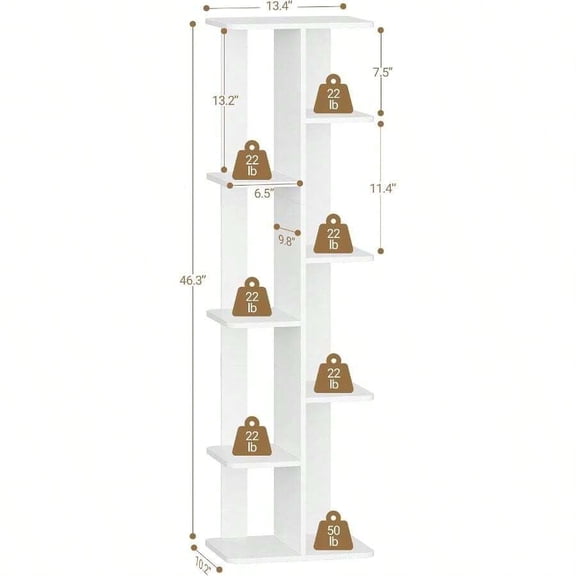 Tall White Corner Shelf Unit, 6-Tier Zigzag Tree Bookcase with Staggered Display Racks, Space-Saving Vertical Storage Organizer for Living Room, Bedroom, Office, Modern Freestanding Plant Stand