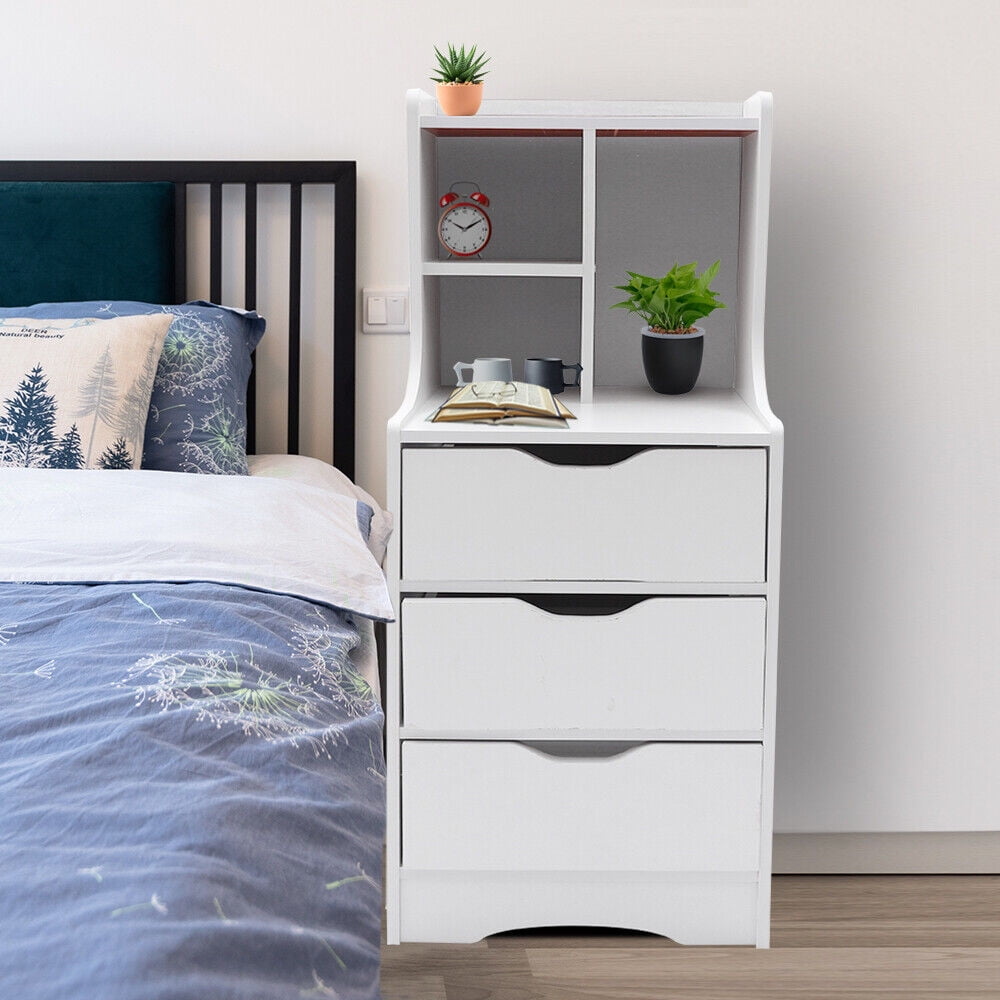 Tall White Nightstand + 3 Drawers Side Stand Night Stand